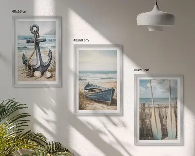 Fali dekorációs képkészlet horgony és csónakevezők strandon mintával
