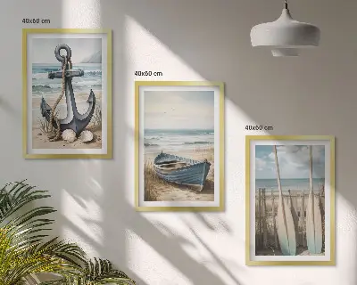 Fali dekorációs képkészlet horgony és csónakevezők strandon mintával
