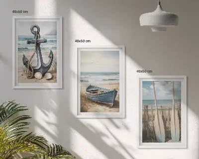Fali dekorációs képkészlet horgony és csónakevezők strandon mintával