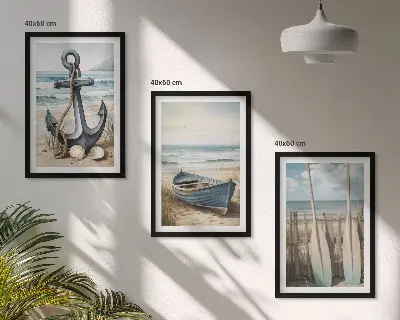 Fali dekorációs képkészlet horgony és csónakevezők strandon mintával