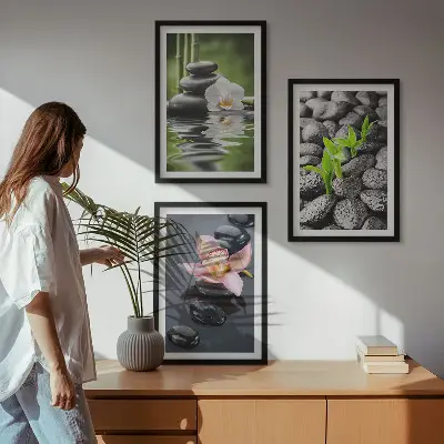 Virágok és víz zen kompozíciós keretezett képszett hálószobai dekorációhoz