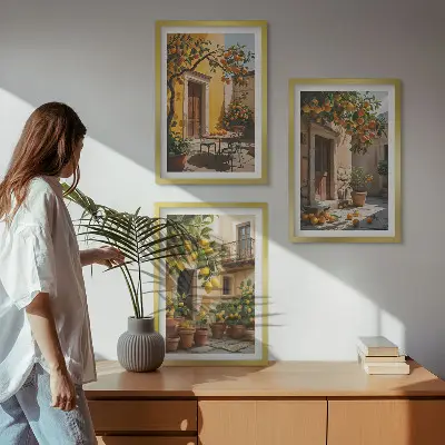 Citrusfélék mintás falikép szett keretezett dekoráció hálószobába