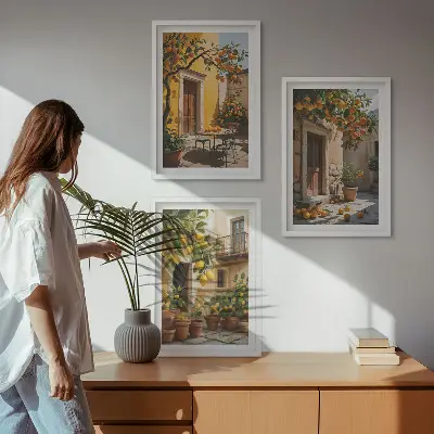 Citrusfélék mintás falikép szett keretezett dekoráció hálószobába
