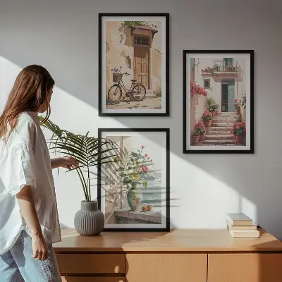 Keretezett képszett hálószobába utcák, virágok és biciklik mintával