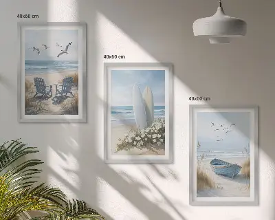 Fali dekorációs képkészlet strand és szörfdeszkák madarakkal