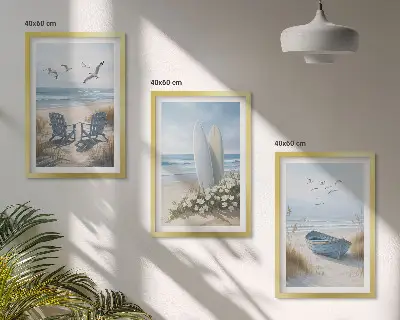 Fali dekorációs képkészlet strand és szörfdeszkák madarakkal