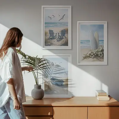 Fali dekorációs képkészlet strand és szörfdeszkák madarakkal