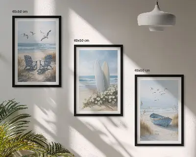 Fali dekorációs képkészlet strand és szörfdeszkák madarakkal