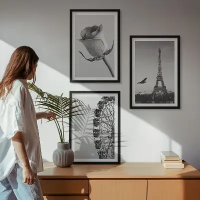 Rózsaszín Eiffel-torony és óriáskerék mintás falikép keretezett szett hálószobába