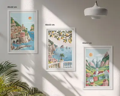 Fali dekorációs képkészlet tájak, tenger és citrusfélék mintával