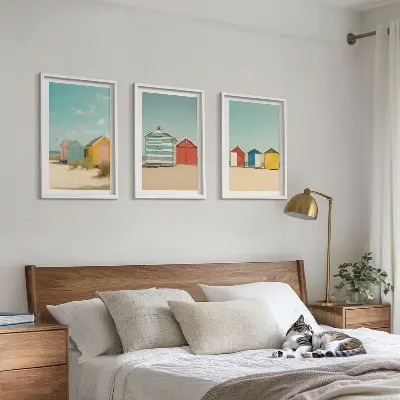 Keretezett képszett hálószobába színes házak strand nap mintával