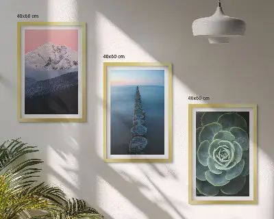 Keretezett kép szett hálószobába hegyek, rózsaszín ég, víz és pozsgás mintával