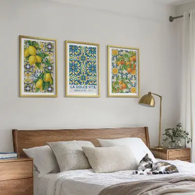 Keretezett kép szett hálószobába citrom, narancs, virág és olasz táj motívumokkal