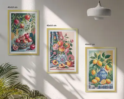 Virágok és gyümölcsök vázákban fali dekoráció kép készlet