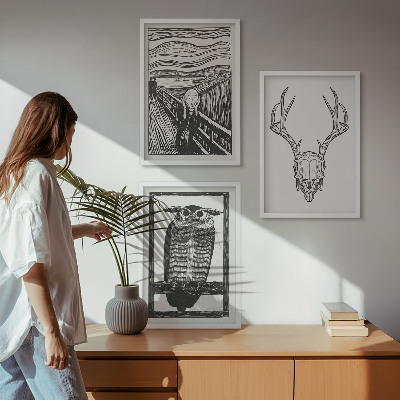 Fali dekoráció kép készlet Sikoltozó koponya bagoly grafika
