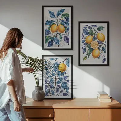 Fali dekorációs képkészlet citromágak kék levelek mintával