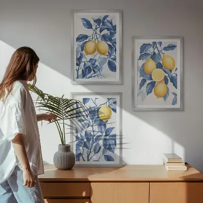 Keretezett képszett hálószobába citromágak kék levelek mintával