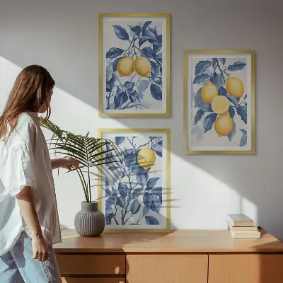 Keretezett képszett hálószobába citromágak kék levelek mintával