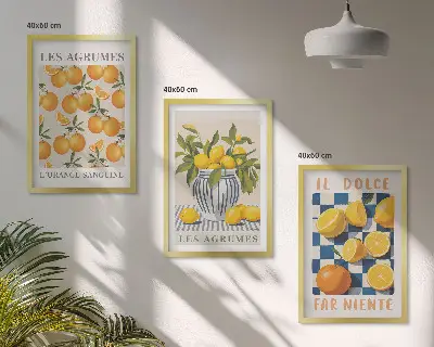 Retro sárga citrusfélék keretezett képszett hálószobába