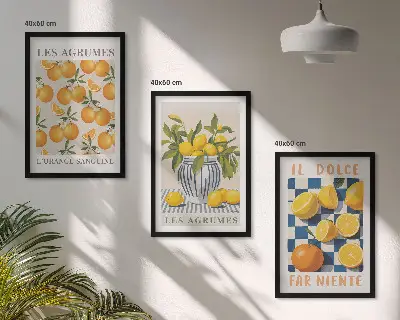 Retro sárga citrusfélék keretezett képszett hálószobába
