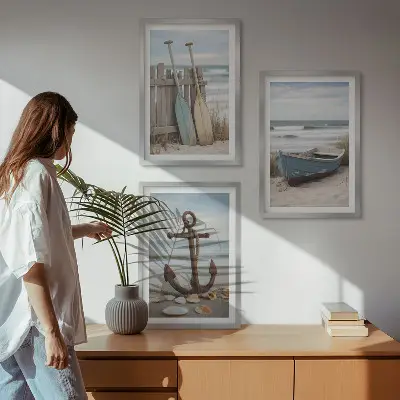 Keretezett kép szett hálószobába csónakhorgony homokos tengerparton mintával