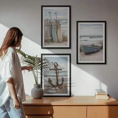Keretezett kép szett hálószobába csónakhorgony homokos tengerparton mintával