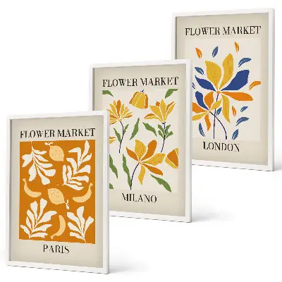 Keretezett poszter szett hálószobába virágos mintájú képek Párizs, Milánó és London témában