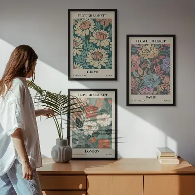 Keretezett virágos poszter szett hálószobába tokiói, párizsi és londoni mintákkal