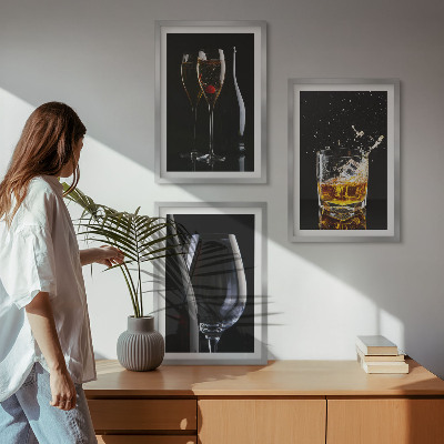 Fali dekoráció kép készlet Pohár bor és whisky fekete alapon