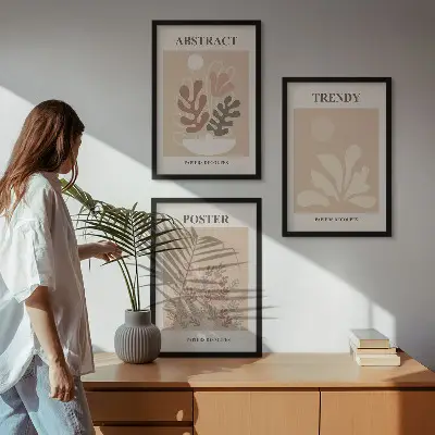 Növényi motívumos keretezett képszett bézsbarna színű hálószobai dekoráció