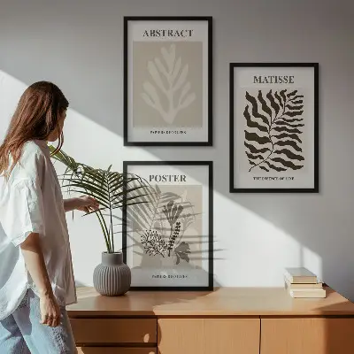 Keretezett kép szett hálószobába bézsbarna növényi mintákkal