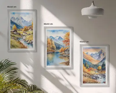 Fali dekorációs képszett őszi hegyek és folyóparti házak mintával