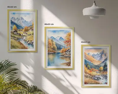 Fali dekorációs képszett őszi hegyek és folyóparti házak mintával