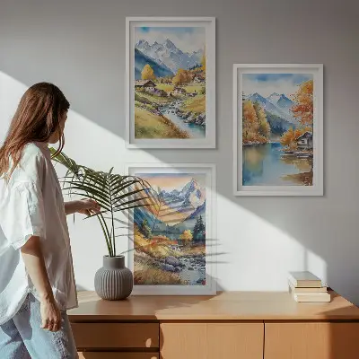 Fali dekorációs képszett őszi hegyek és folyóparti házak mintával