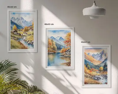 Fali dekorációs képszett őszi hegyek és folyóparti házak mintával