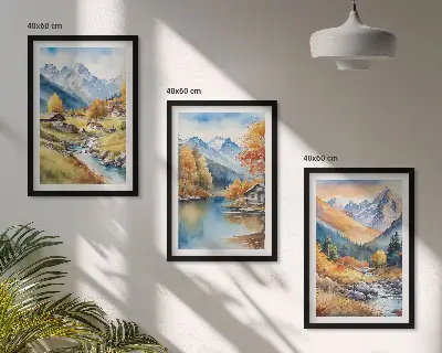 Fali dekorációs képszett őszi hegyek és folyóparti házak mintával
