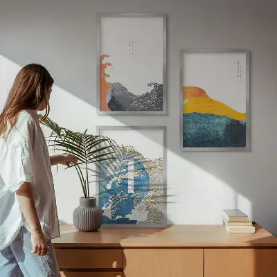 Japán hullám mintás keretezett képszett hálószobába grafikai stílusú falikép válogatás