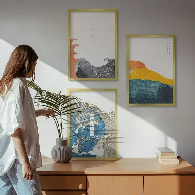Japán hullám mintás keretezett képszett hálószobába grafikai stílusú falikép válogatás