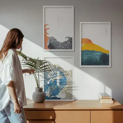 Japán hullám mintás keretezett képszett hálószobába grafikai stílusú falikép válogatás