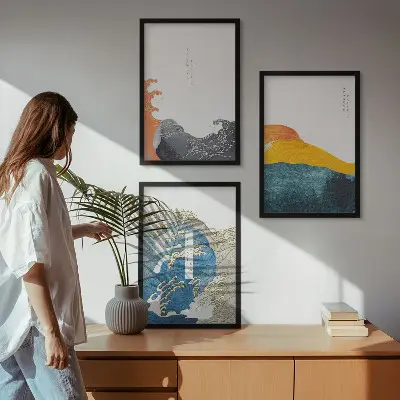 Japán hullám mintás keretezett képszett hálószobába grafikai stílusú falikép válogatás