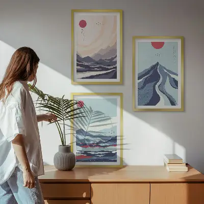 Absztrakt japán hegyek falikép szett keretezett változat hálószobába