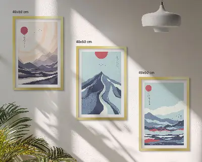 Absztrakt japán hegyek falikép szett keretezett változat hálószobába
