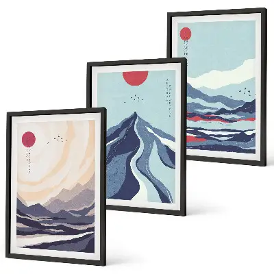 Absztrakt japán hegyek falikép szett keretezett változat hálószobába