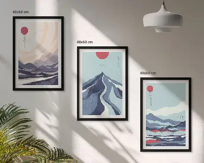 Absztrakt japán hegyek falikép szett keretezett változat hálószobába