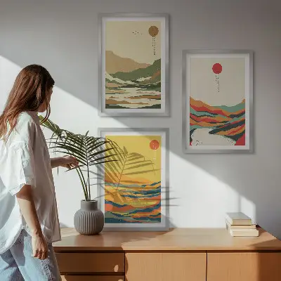 Fali dekorációs képszett japandi stílusú, színes hegyvidéki mintákkal