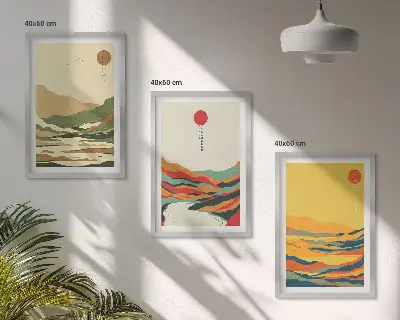 Fali dekorációs képszett japandi stílusú, színes hegyvidéki mintákkal