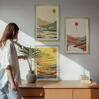 Fali dekorációs képszett japandi stílusú, színes hegyvidéki mintákkal