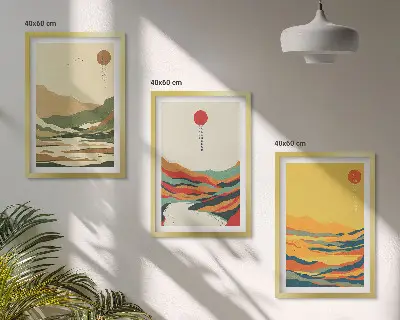 Fali dekorációs képszett japandi stílusú, színes hegyvidéki mintákkal