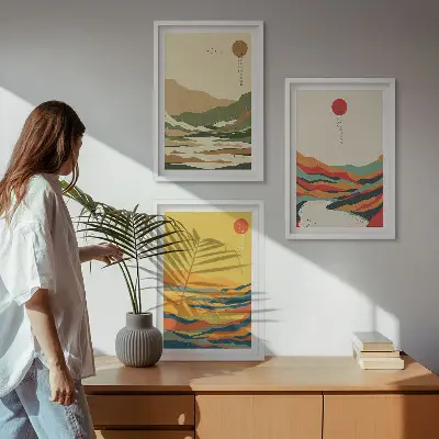 Fali dekorációs képszett japandi stílusú, színes hegyvidéki mintákkal