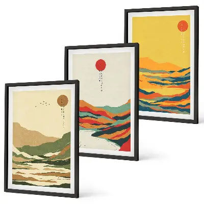 Fali dekorációs képszett japandi stílusú, színes hegyvidéki mintákkal